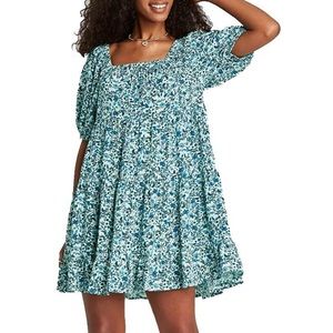Wild Fable Teal and Blue Floral Puff Sleeve Dress